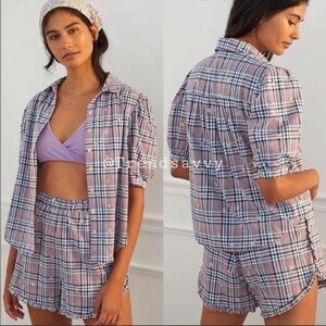 Anthropologie Plaid Pajama Set XL Embroidered Floral Cotton Lounge NWT